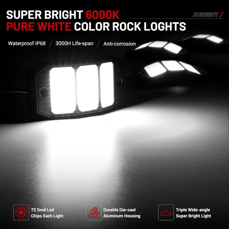 SHINIGHT 8PCS White Rock Lights - Super Bright Pure White 6000K LED Chips, 3M/9.84FT Extension Wires, IP68 Waterproof Underglow Lights for Trucks, ATV, UTV, Cars, Boats - Image 2